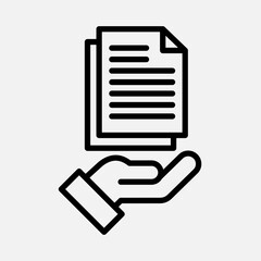 A line art icon depicting an open hand holding a stack of two documents or papers, symbolizing data, information, or service.