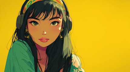 ヘッドフォンで音楽を聞く女性をYouTube動画サムネイル用にアニメスタイルで描いたAI生成画
