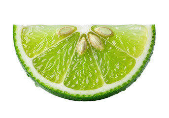 Close-up macro of a perfectly fresh, vibrant green lime wedge, glistening pulp, visible pith, and textured peel with water droplets, centered on a brilliant white background, copy space, concept for
