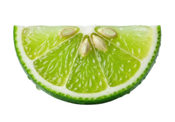 Close-up macro of a perfectly fresh, vibrant green lime wedge, glistening pulp, visible pith, and textured peel with water droplets, centered on a brilliant white background, copy space, concept for