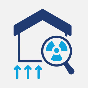 Icon representing radon gas detection and mitigation in a residential building, showing harmful elements rising from the ground and being inspected.