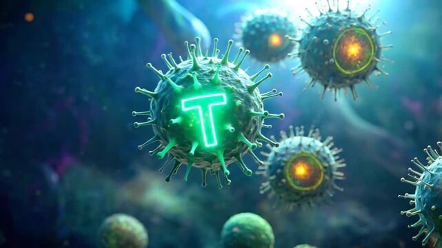 Artistic depiction of microscopic viruses with glowing green letter T.