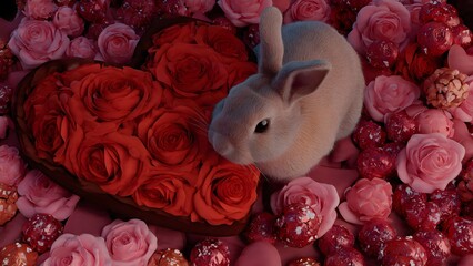Sweet fluffy dwarf rabbit tenderly embracing an oversized red heart pillow amidst gently scattered pink roses and tempting chocolates, bathed in warm soft lighting for a captivating close-up illustrat