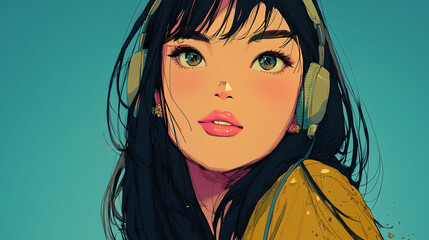 ヘッドフォンで音楽を聞く女性をYouTube動画サムネイル用にアニメスタイルで描いたAI生成画