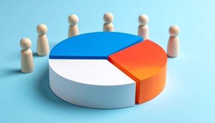 3D pie chart with wooden figurines on blue