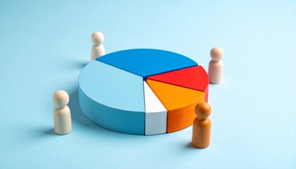 Obraz premium 3D pie chart with wooden figurines on blue
