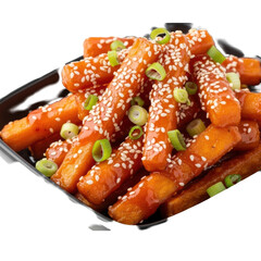 Golden-orange fried sweet potato sticks, generously coated in glossy orange-red sweet and spicy sauce, topped with sesame and spring onions in a black bowl, white background, enticing Asian snack