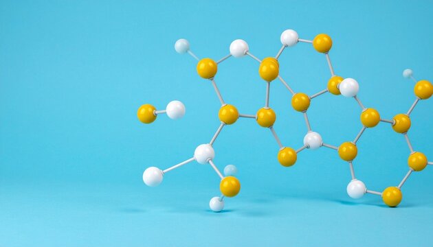Molecular model with yellow and white atoms on blue - Powered by Adobe