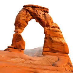 A photograph of Delicate Arch, a natural sandstone arch located in Arches National Park, Utah. The arch stands alone against a clear sky, showcasing its delicate and intricate structure.