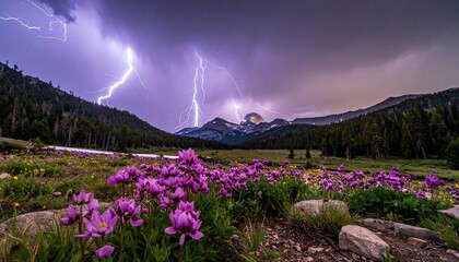 Purple Flowers in Mountainous Landscape with Lightning.