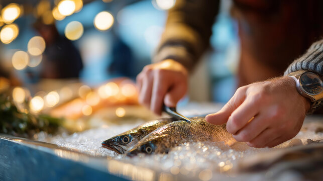 Candid side peek at market fishmonger scaling catch, ice glistening. With copy space.