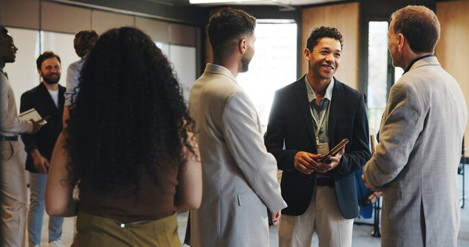 Discussion, networking and business people at seminar, feedback and intro with media conference. Publishing industry, convention or advice in meeting, smile and information for creative expo