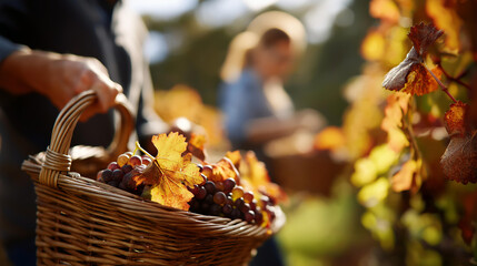 Peering through vines at vineyard workers harvesting grapes, baskets filling, autumn hues. With copy space.
