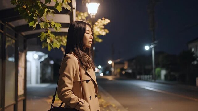 Young Woman Waiting Alone at Bus Stop Under Streetlight at Night