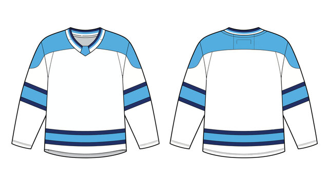 Ice Hockey Jersey Mockup Template, White and Blue Sports Uniform Technical Illustration, Front and Back View