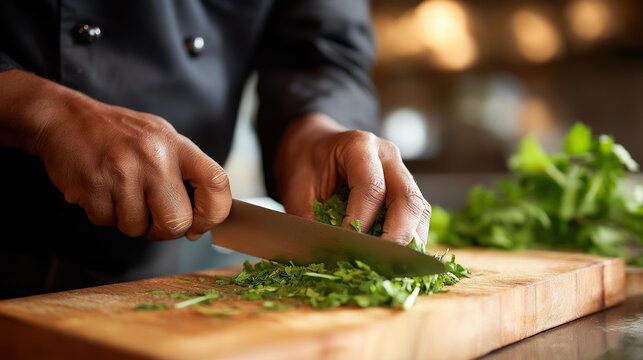 Overhead candid of a chef chopping herbs, knife flashing, cutting board details. With copy space. - Powered by Adobe