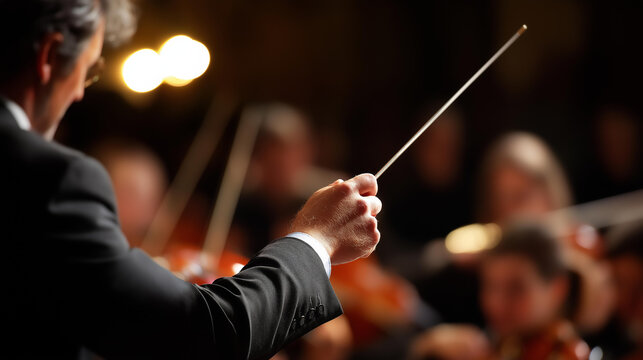Side shot of a conductor leading orchestra, baton waving, musicians focused. With copy space.