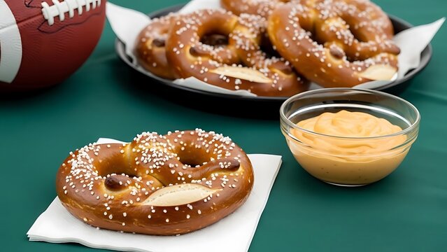 Soft pretzels with cheese dip and football on green table , Super bowl Sunday