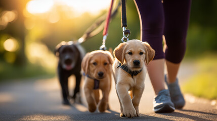 Candid low-view of a dog walker with multiple leashes, pups playfully tugging, park pathway curving. With copy space.