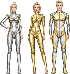 Futuristic Sci-Fi Characters in Metallic Suits, Female and Male Cosplay Costumes, High-Detail Vector Illustration for Technology and Gaming Content