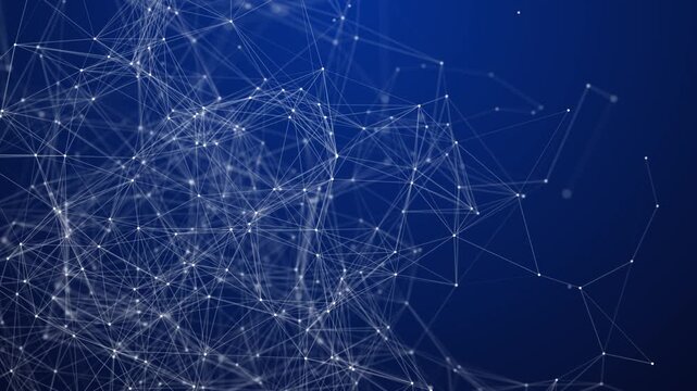 Detailed interconnected white lines and nodes create a dense, intricate network structure against a dark blue gradient, symbolizing complex data systems and digital communication