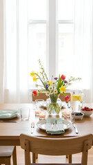 Fototapeta premium Brightly Lit Dining Table Set with Fresh Spring Flowers, Elegant Place Settings