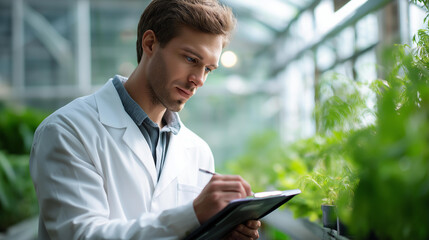 Peering into a greenhouse at botanist examining plants, clipboard in hand, humid air. With copy space.