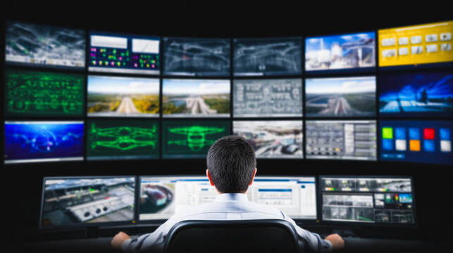 Operator in Command Center Monitoring Video Wall with Multiple Screens