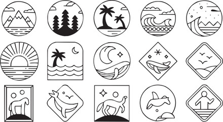 Tropical travel icon set. Vector glyph pictograms of palm trees, waves, moon phases, vacation symbol, beach scene black silhouette