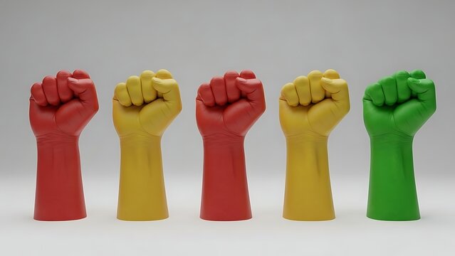 Five colorful plastic fists raised up in solidarity and protest  unity and strength