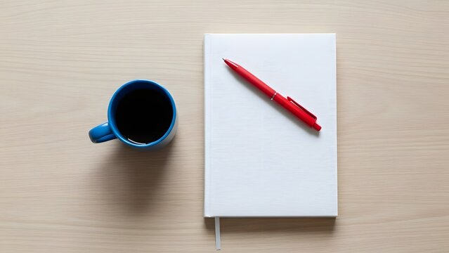 Blue coffee mug and red pen on white notebook on wood table blue mug black coffee hot drink - Powered by Adobe