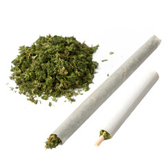 An image featuring a pile of dried cannabis buds and two rolled cannabis joints on a transparent background.