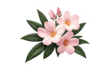 Pink oleander flowers blooming with green leaves, botanical illustration of delicate blossoms, transparent background
