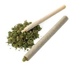 An image featuring two rolled cannabis joints and a pile of loose cannabis buds on a transparent background.