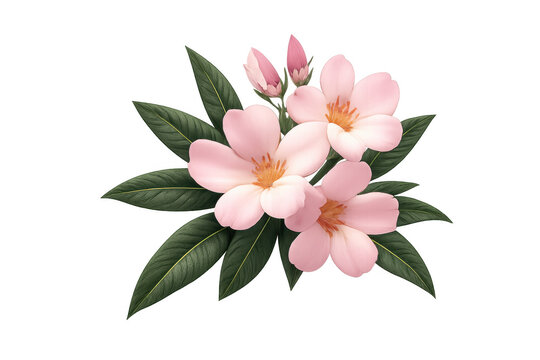 Pink oleander flowers blooming with green leaves, botanical illustration of delicate blossoms, transparent background