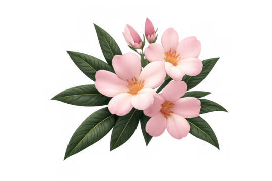 Pink oleander flowers blooming with green leaves, botanical illustration of delicate blossoms, transparent background - Powered by Adobe