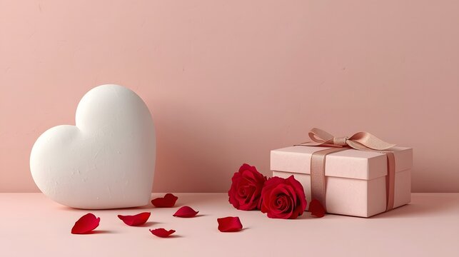 Valentine gift box roses heart copy space minimal flat lay