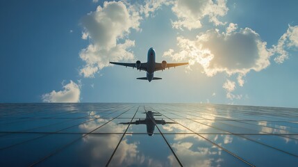 Airplane flying over solar panel field under bright sun for renewable energy and sustainable travel concept