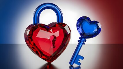 Red crystal heart lock with blue crystal heart key on reflective surface glass