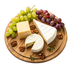 A wooden cheese board featuring an assortment of cheeses, grapes, and walnuts.