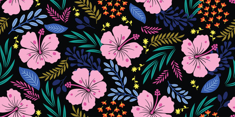 Tropical pattern, hibiscus pattern, beautiful hibiscus fabric for summer. Seamless exotic plant fabric. Motif Tropical Vector colorful. pink Hibiscus, leaves, palm on black. Tropical design Hawaiian.  © Choltita