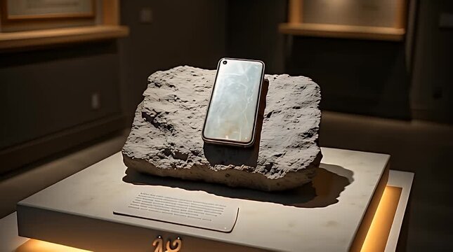 A fossilized smartphone embedded in stone, displayed like a museum artifact, symbolizing permanent digital existence