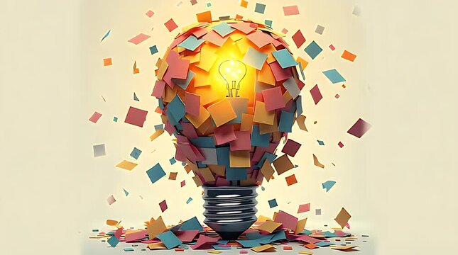 A light bulb covered in sticky notes and paperwork, barely glowing, symbolizing innovation fatigue