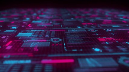 Futuristic digital interface displaying complex data streams and analytical charts with glowing neon pink and cyan lines on a dark background representing advanced technology and information - Powered by Adobe