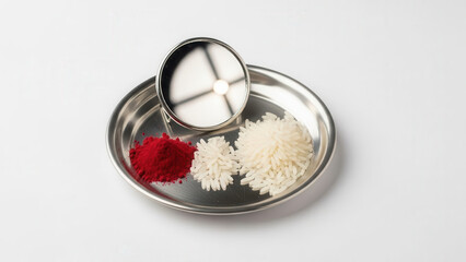 Traditional Raksha Bandhan ritual thali with calm ceremonial mood showing kumkum rice and mirror against a white studio background with copy space