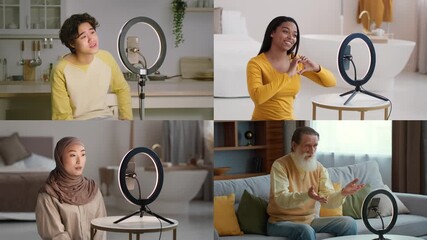 Four individuals in a modern setting on video calls using smartphones. Each participant showcases their emotions while interacting, highlighting diverse backgrounds and social connections.