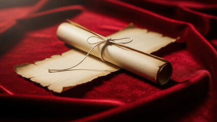 Ancient parchment scroll in cinematic still life style, warm red and beige colors, Raksha Bandhan celebration concept with copy space