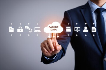 A businessman's finger touches a virtual social network button on a futuristic screen, symbolizing successful communication and global connection through advanced internet technology and plan manageme