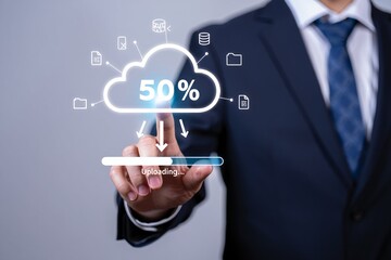 A businessman's hand uses a finger to touch a virtual social network icon on a digital screen, symbolizing a technology solution for global business connection and communication success