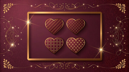 Four patterned gold trimmed hearts inside deep burgundy frame